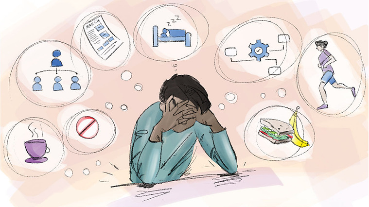 
A colorful editorial illustration for GoDaddy, depicting a person of color overwhelmed by daily options. This visually striking image explores the challenges of modern life in the digital age, perfect for tech and AI-focused content.