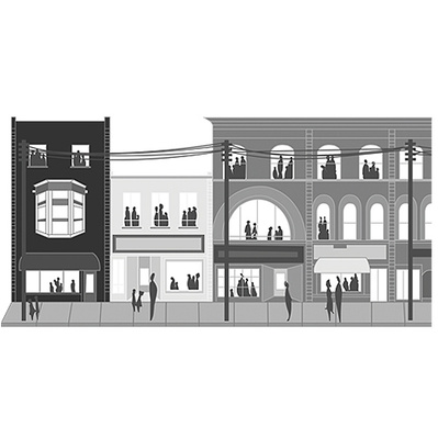 Black and white grayscale vector illustration of Yonge Street in the 1980s, capturing the historic architecture and vibrant street life, designed to evoke nostalgia and highlight urban development.