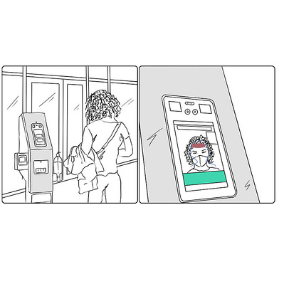 Technical storyboard illustration for advertising, depicting a woman interacting with new facial recognition technology at an airport, showcasing the scanning process of her face and body for enhanced security.