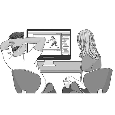 Black and white advertising storyboard illustration depicting a man and woman sitting together, watching a football game on a computer screen, capturing the excitement of sports viewing.
