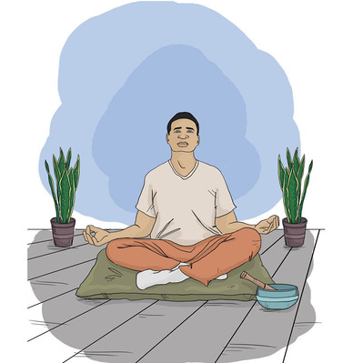 Colourful chapter illustration of a man sitting in a meditative pose on the floor, surrounded by lush plants, creating a serene and peaceful atmosphere, perfect for wellness or mindfulness-themed content.