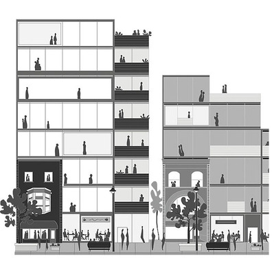Black and white grayscale vector illustration of a futuristic Yonge Street in Toronto, depicting bustling city life with families and shops, created for a real estate company's future project projections.