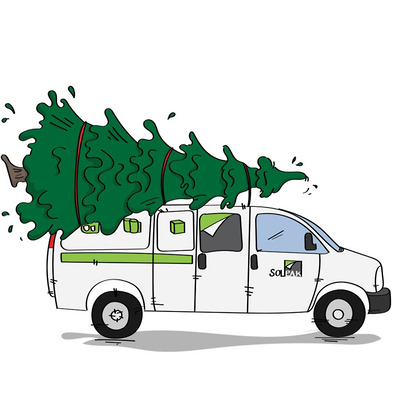 Vector illustration of a Solpak truck transporting a Christmas tree on its roof, designed for marketing and advertising purposes, capturing the festive spirit and promoting seasonal logistics services.