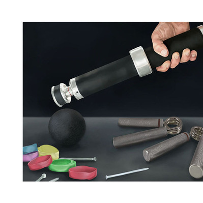 Full-color realistic illustration featuring exercise products, including a hand holding a device and various elastics. Ideal for marketing, advertising, and product illustration purposes.
