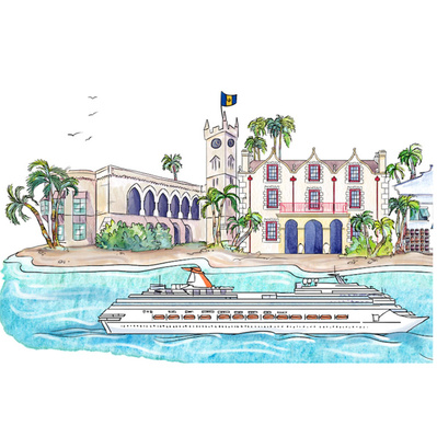 Watercolor illustration of a Barbados landscape featuring cruise boats, tropical waters, and prominent buildings, with the Barbados flag waving. This artwork captures the island's vibrant culture and stunning scenery.