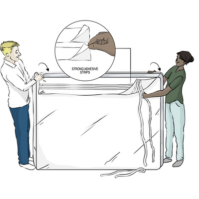 Illustrated guide showing two people wrapping a mattress in a cover, emphasizing the double-sided tape feature for secure sealing. Perfect for product instructions and enhancing moving efficiency.