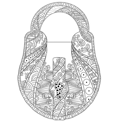 Intricate black and white ink illustration of a detailed lock, designed for adult coloring books, showcasing technical precision, ideal for publishing and engaging creative audiences.
