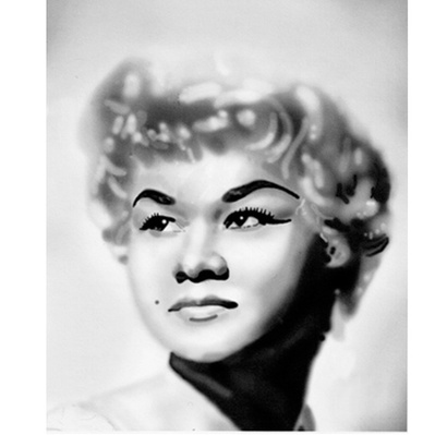 Black and white realistic portrait illustration of Etta James, designed for magazine fashion illustrations and editorial purposes, capturing her iconic style and essence.