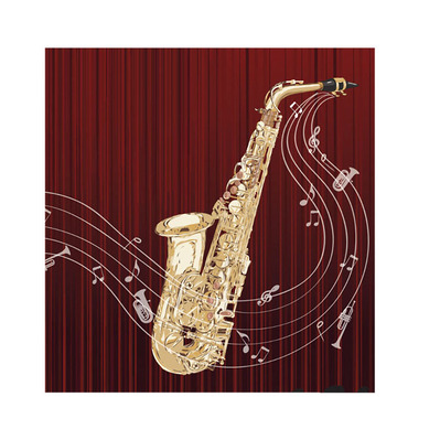 Vector illustration of a saxophone set against a vibrant red backdrop, designed as a promotional poster for an orchestra, capturing the excitement and energy of live musical performances.