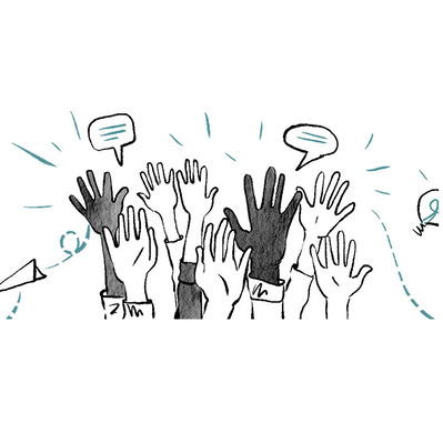 Discover Ainsley Ashby’s mixed media illustration for a UK blog, featuring watercolor hands raised and paper airplanes floating. This artwork combines black and white elements with vibrant branding colors for impact.