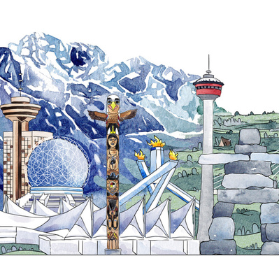 Watercolor illustration showcasing iconic settings and landmarks in Canada, created as a banner for branding purposes for an international bank. This artwork emphasizes Canadian heritage and cultural richness in a captivating design.