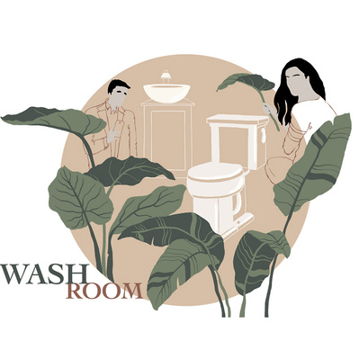 Vector illustration in a circular format for washroom signage featuring a woman and man, a toilet, and tropical plants, designed for The Hideout, a Hong Kong-based company, enhancing restroom aesthetics.