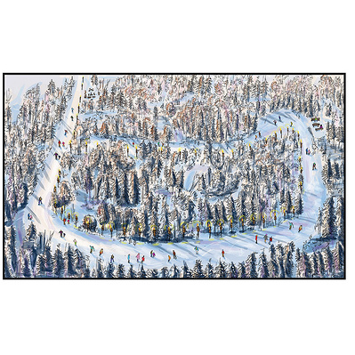 Discover Ainsley Ashby’s vibrant aerial view illustration of Arrowhead Provincial Park in Ontario. This full-color artwork highlights the enchanting skating rink winding through the forest, capturing the beauty of winter recreation.