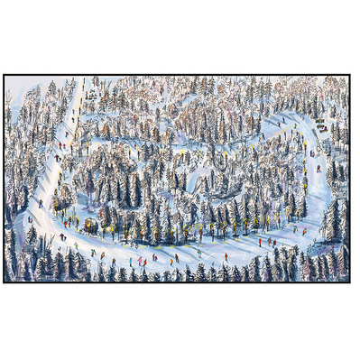 Discover Ainsley Ashby’s vibrant aerial view illustration of Arrowhead Provincial Park in Ontario. This full-color artwork highlights the enchanting skating rink winding through the forest, capturing the beauty of winter recreation.