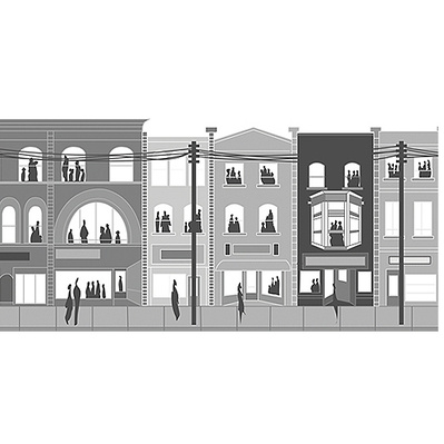 Grayscale vector illustration depicting Yonge Street in the 1980s, showcasing iconic buildings and lively street scenes, offering a glimpse into the past and celebrating the area's rich cultural heritage.