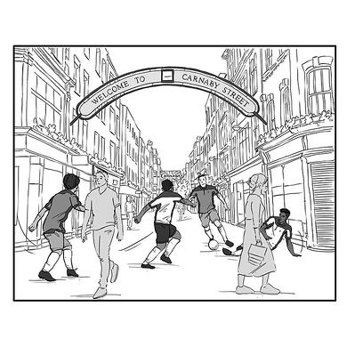 Black and white storyboard ink illustration for Ben Sherman’s clothing line, set on Carnaby Street, London, depicting football players in action among shoppers, created for dynamic advertising purposes.