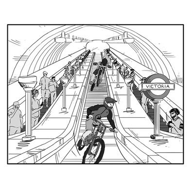 Black and white ink illustration for a Ben Sherman advertising storyboard, featuring a BMX biker riding through Victoria Station in London, UK, capturing urban energy and dynamic movement.