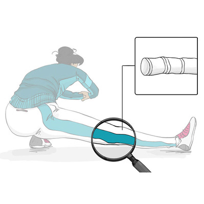 Detailed scientific illustration of a woman in a low yoga pose, featuring a close-up of her pants showcasing the microscopic structure of synthetic fibers, perfect for textile and fitness studies.