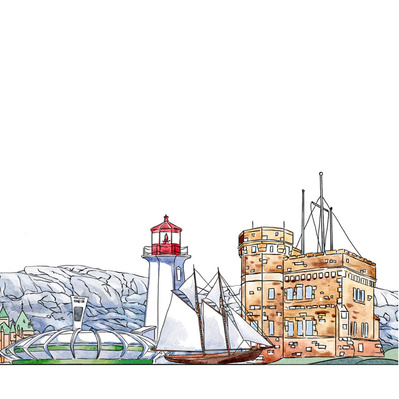 Watercolor illustration showcasing the East Coast of Canada, featuring picturesque lighthouses and flat land with rocky shores. Created as a branding banner for an international bank, highlighting coastal beauty and heritage.