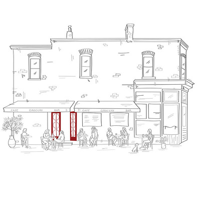 Black and white vector ink illustration of a restaurant on Queen Street, Toronto, designed for shirt graphics and promotional materials, showcasing local architecture in a stylish and artistic way.