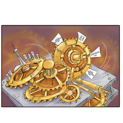 Editorial illustration featuring several cogs in motion, symbolizing rising Toronto taxes, created for the Toronto Star, with intricate details highlighting the impact of tax increases in a dynamic, thought-provoking style.