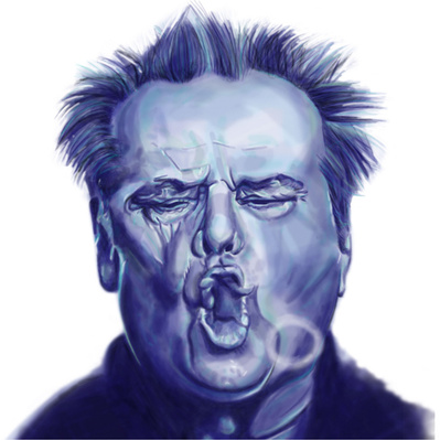 Blue monochromatic illustration of Jack Nicholson, capturing his iconic features as he blows smoke rings, with a bold and creative style that emphasizes his expressive personality.