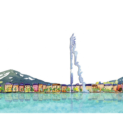 Watercolor illustration of Geneva, Switzerland, featuring the iconic Jet d'Eau fountain. Designed for branding purposes, this artwork highlights the city's beauty and elegance in an engaging promotional banner.
