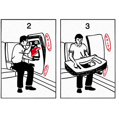 Discover Ainsley Ashby’s black and white sketch styled like an airplane safety pamphlet, featuring a humorous four-panel comic of a man creatively using an emergency exit door as a laptop table.