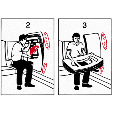 Discover Ainsley Ashby’s black and white sketch styled like an airplane safety pamphlet, featuring a humorous four-panel comic of a man creatively using an emergency exit door as a laptop table.