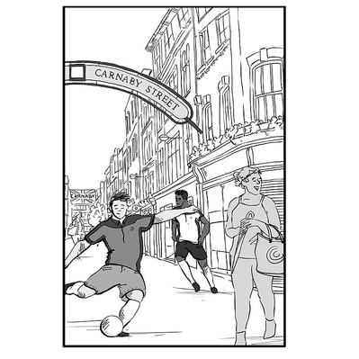 Dynamic black and white ink and wash illustration for advertising storyboards, featuring a footballer kicking a ball on Carnaby Street in London, capturing urban energy and sports culture.