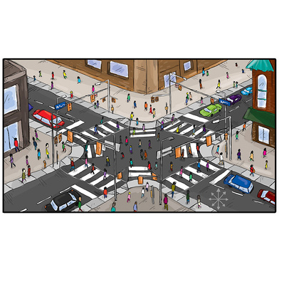 Explore Ainsley Ashby’s vibrant color illustration of smart intersections in urban street scenes. Ideal for marketing, advertising, publishing, and healthcare industries, this artwork showcases exceptional talent sought by companies worldwide.
