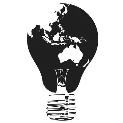 Vector logo illustration depicting Asia and Australia on the face of a lightbulb, symbolizing innovation and creativity, perfect for branding initiatives that celebrate cultural diversity and regional collaboration.