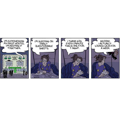 4-panel Globetrotter comic set in an Irish hostel: Brooke, Chloe's best friend, journals her rough experience, hoping their stay is just one night.