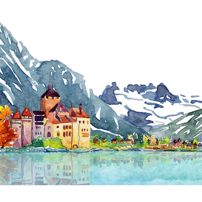 Watercolor illustration of a picturesque Switzerland landscape, created for branding a bank, designed as a banner to evoke tranquility and stability, showcasing the beauty of the Swiss scenery.