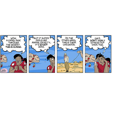 Globetrotter comic set in the Giza desert, featuring Chloe expressing concern about riding a camel. This humorous moment highlights her adventurous spirit as she navigates the challenges of exploring Egypt's iconic landscape.
