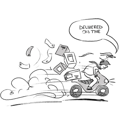Explore Ainsley Ashby’s black and white doodle illustration featuring a man on a motorcycle delivering packages, humorously showcasing them falling off the back. Perfect for a book's engaging visual narrative.