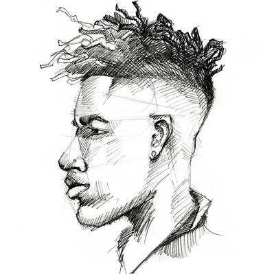 Black and white ink cross-hatching illustration of a Black man in profile, crafted with intricate detail, ideal for editorial and advertising use, capturing character and depth through texture.
