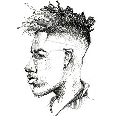 Black and white ink cross-hatching illustration of a Black man in profile, crafted with intricate detail, ideal for editorial and advertising use, capturing character and depth through texture.