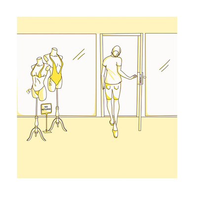 Vector illustration for Swimsuits Direct online advertising campaign, depicting a woman exiting a swimsuits shop, capturing the excitement of shopping for swimwear and promoting the brand's vibrant summer collection.
