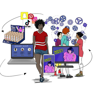 Explore Ainsley Ashby’s vibrant illustration for Church & Dwight's Nair, featuring a Black woman with an afro walking past diverse marketing efforts, showcasing social media, conversations, and Nair products.
