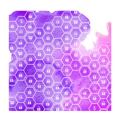 Purple-focused watercolor illustration designed for advertising and editorial purposes, featuring a honeycomb of locks overlaying the top. This artwork represents security features for GoDaddy, emphasizing trust and protection.