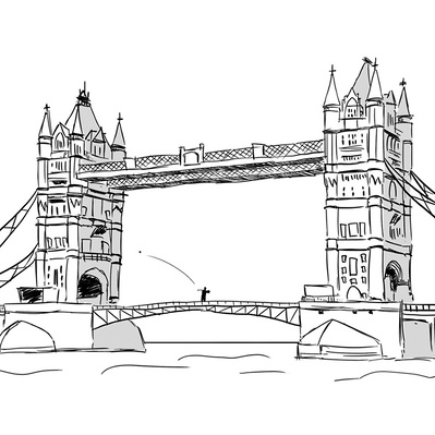 Black and white ink illustration of Tower Bridge in London, UK, created as a storyboard panel for Ben Sherman’s advertising campaign, capturing iconic architecture with classic, dynamic style.