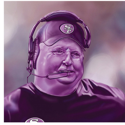 Realistic purple-toned portrait of Chip Kelly, capturing his likeness and personality, ideal for publishing, editorial, and advertising purposes, offering a striking visual for sports-related content.