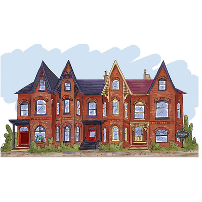 Colourful chapter illustration of historical row houses in Toronto, capturing the unique architectural style and charm of these buildings, showcasing the city's rich history and urban landscape.