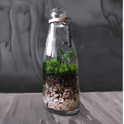 Hyper-realistic scientific illustration of a terrarium, showcasing intricate details of plants, soil, and environment, designed for educational and textbook purposes to highlight the beauty of natural ecosystems.