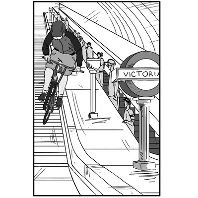 Discover Ainsley Ashby’s black and white storyboard illustration for Ben Sherman, showcasing a BMX rider expertly biking down the staircase at Victoria Station, London, UK.