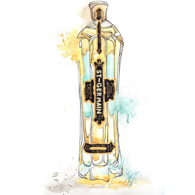 Watercolor illustration of a yellow alcohol bottle, designed for advertising and promotional purposes, highlighting its vibrant color and appeal in a captivating, eye-catching style.
