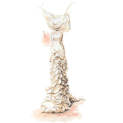 Watercolor fashion illustration of a woman on the runway, showcasing a flowing layered white dress. This artwork captures elegance and movement, perfect for highlighting contemporary fashion designs.