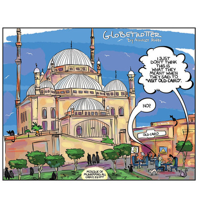 Globetrotter Sunday comic set in Egypt, illustrated by Ainsley Ashby, blending humor and rich, full-color scenes. Available in the Comics section under Styles on Ainsley's website, this comic captures the essence of Egyptian culture with captivating detai