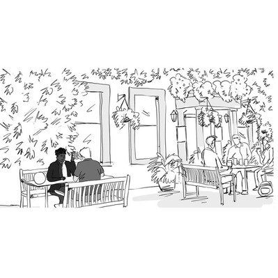 Black and white ink and wash illustration featuring two people enjoying pints on a London patio, with a lively group nearby. Designed as a storyboard panel for advertising.